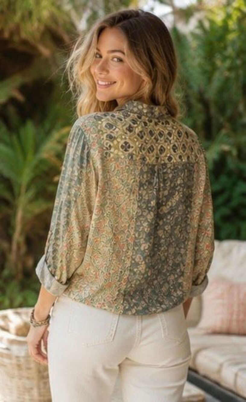 Natural Life Lola Mixed Floral Patchwork Tie Front Blouse Top Rayon Boho Size L - Picture 2 of 12